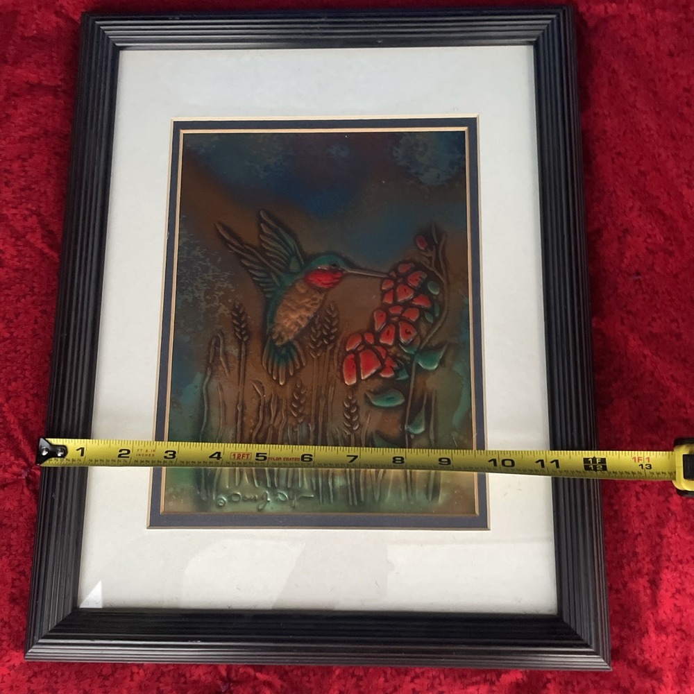 Don J. Dye Repousse Art Hummingbird Hammered Metal Copper Painted 15x12" Frame - Picture 8 of 8